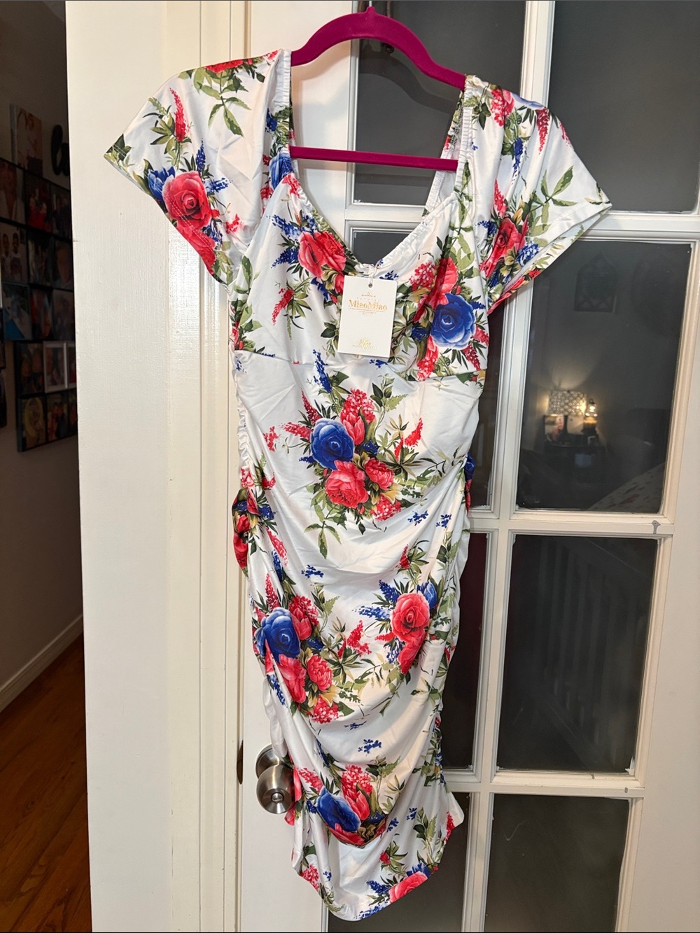 Floral Ruched White Dress with Red & Blue Blooms